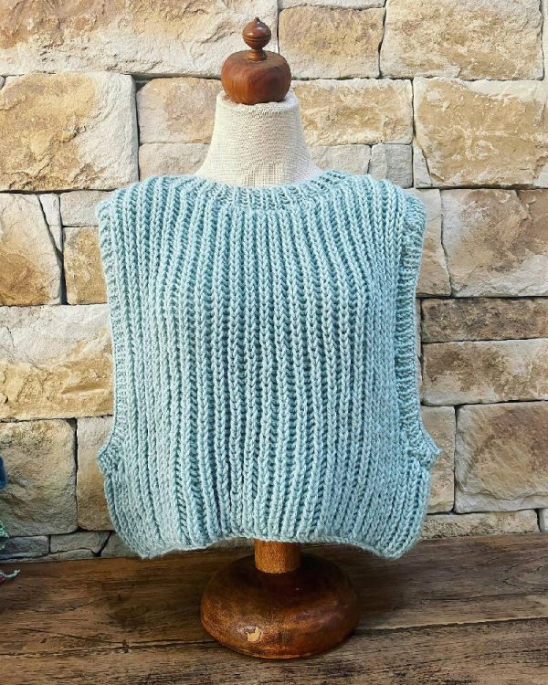 Handknitted Blue Ribbed Sleeveless Vest Pullover
