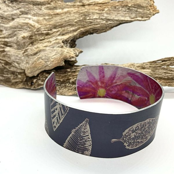 Anodized aluminium bangle hand printed Silver Leaf Collection