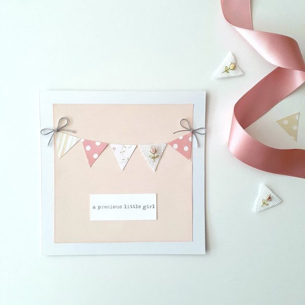 Baby Card, Hand‑Embroidered Baby Girl, Pink Bunting Newborn Greeting, Handmade Keepsake Card, “A Precious Little Girl” Gift Card