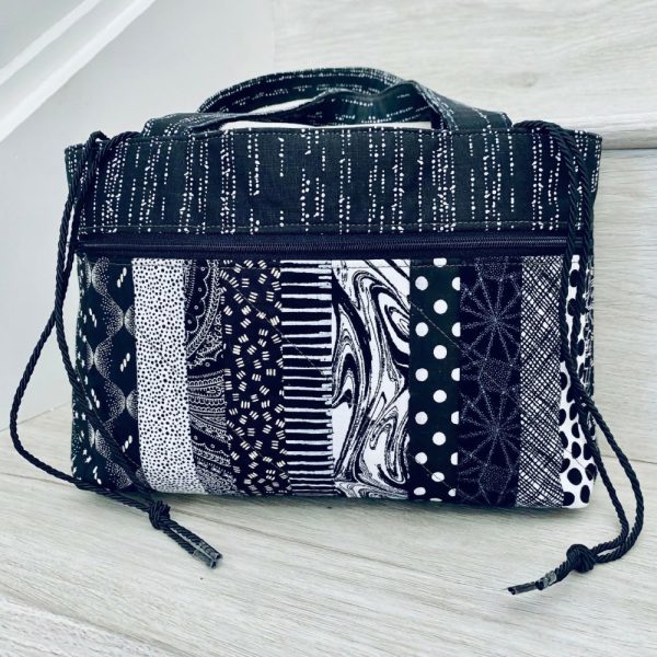 Black and white strip pieced drawstring patchwork bag