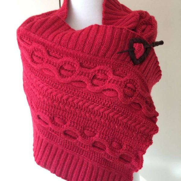 Hand made cable knit Shawl or Wrap in Cherry Juice Red