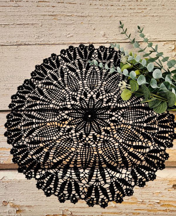 🖤 Handmade Black Silk Lace Crochet Doily – 39 cm Statement Table Décor