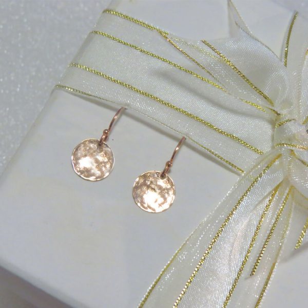 14K Rose Gold Small Circle Disc, Handmade Textured Earrings