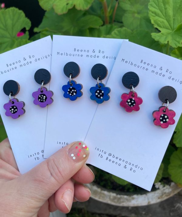 Blue hand painted flower earrings