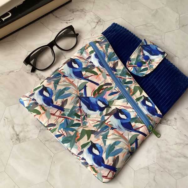 Blue wrens fabric book sleeve with 2 pockets. iPad, tablet pouch