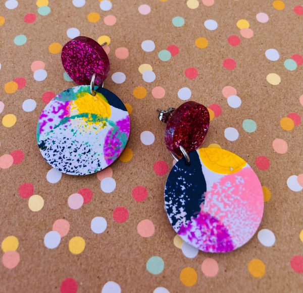 Bright handpainted circle earrings