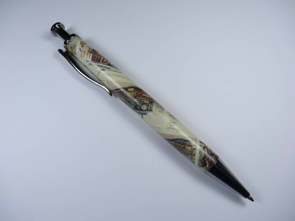 Resin Executive click style pen using Train Postage Stamps.