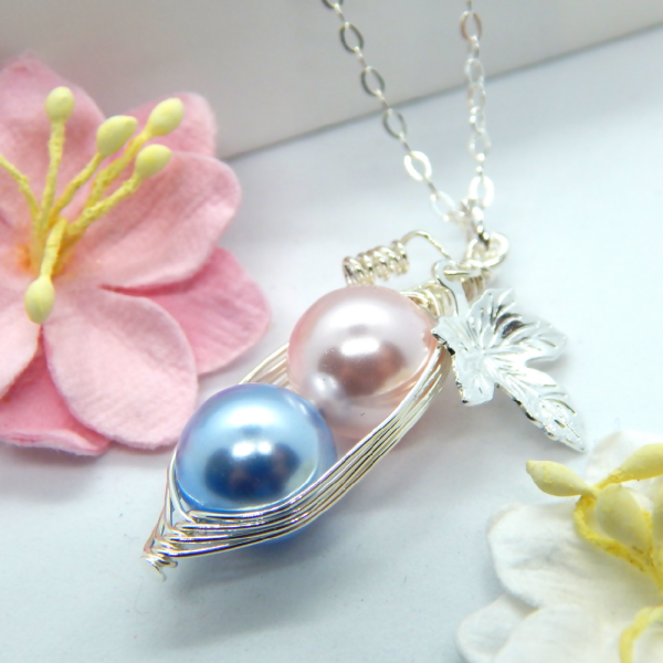 Handcrafted Pink and Blue Peas in a Pod Necklace