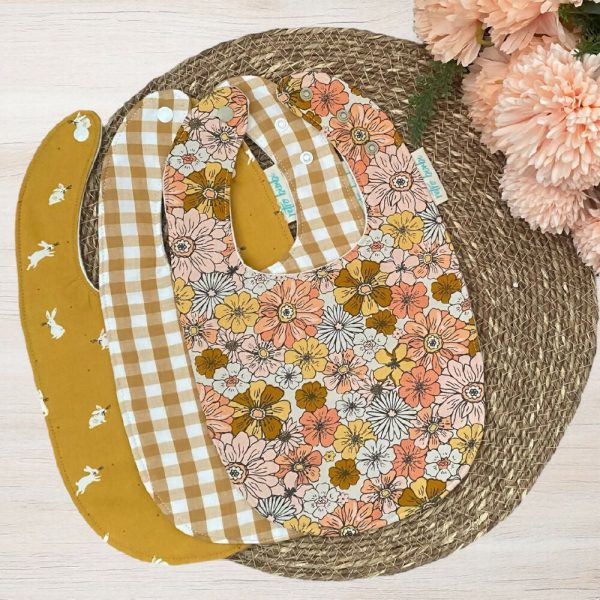 3 Bibs - Retro Floral - Mustard Bunny - Check - Easter