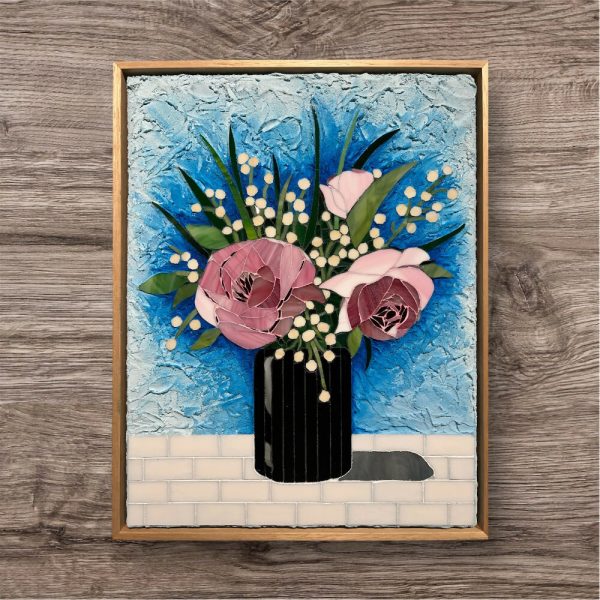 ‘ROSES’ Stained Glass Mosaic Pink Roses Still Life Framed